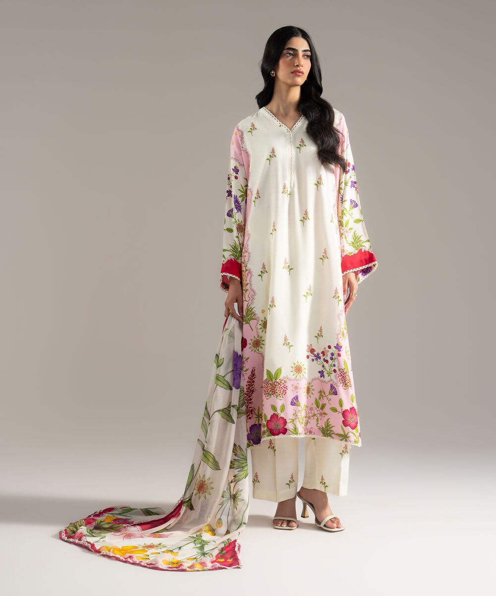 Women's RTW Viscose Raw Silk Printed Off White 3 Piece Suit