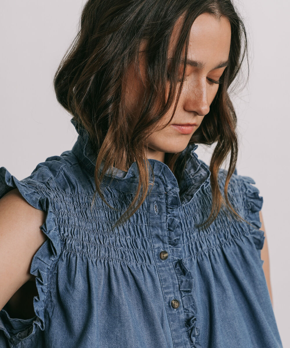 Women's Western Wear Blue Denim Frill Blouse