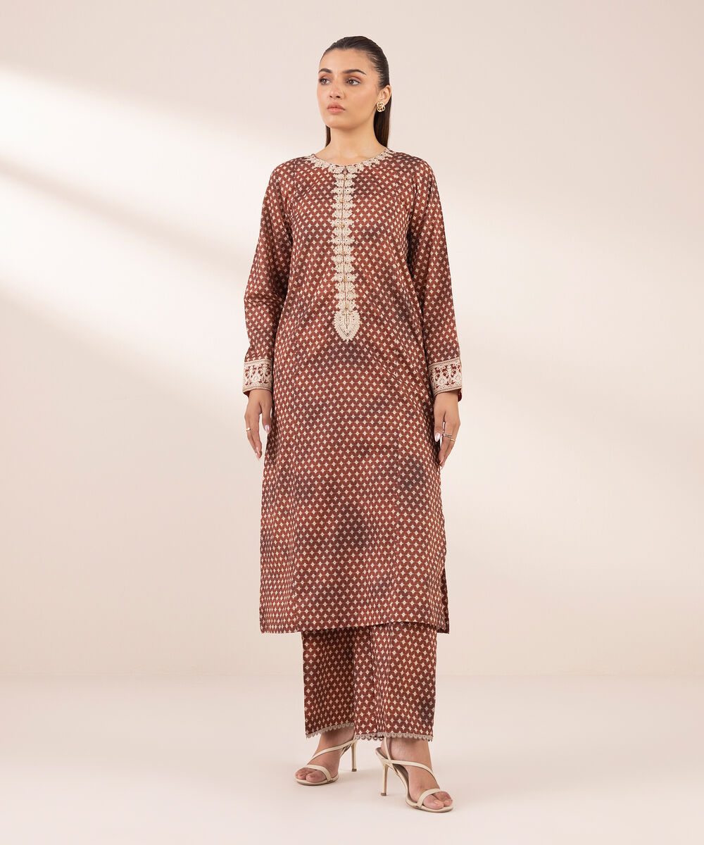 Women's RTW Lawn Brown Embroidered A-Line Shirt