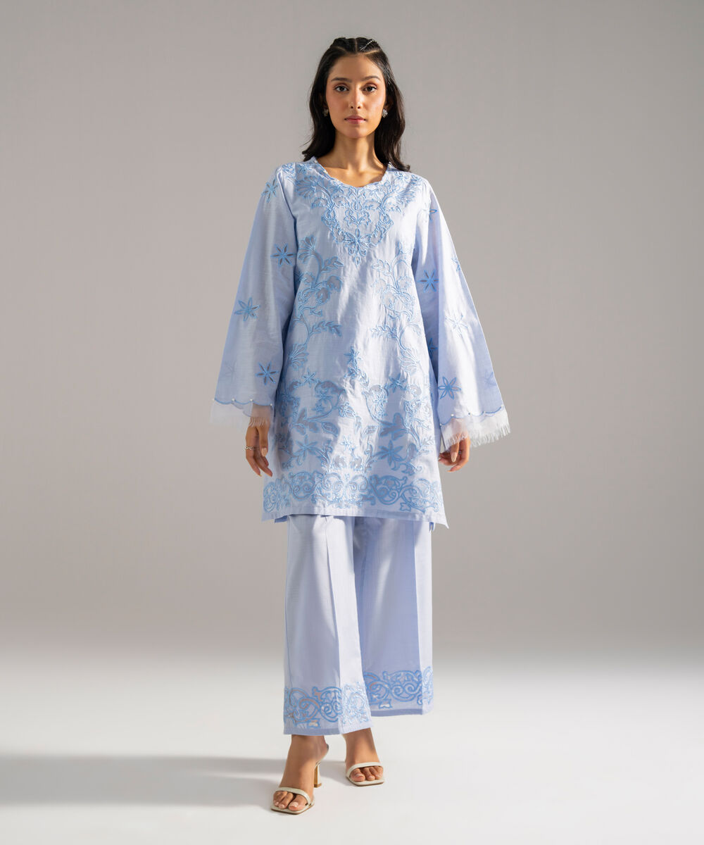 Women's RTW Cross Hatch Solid Embroidered Blue 2 Piece Suit