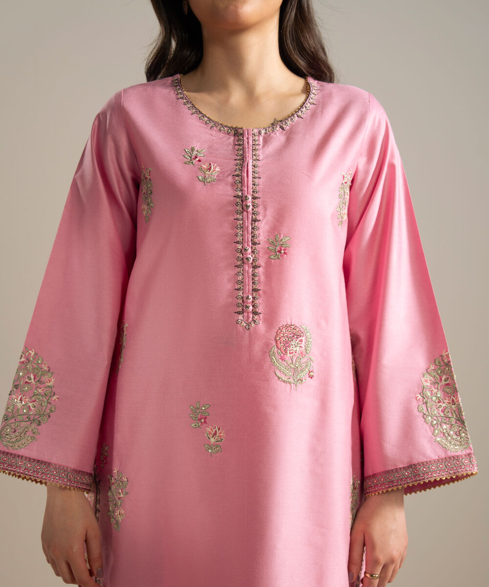 Women's RTW Silk Cotton Net Embroidered Pink 3 Piece Suit