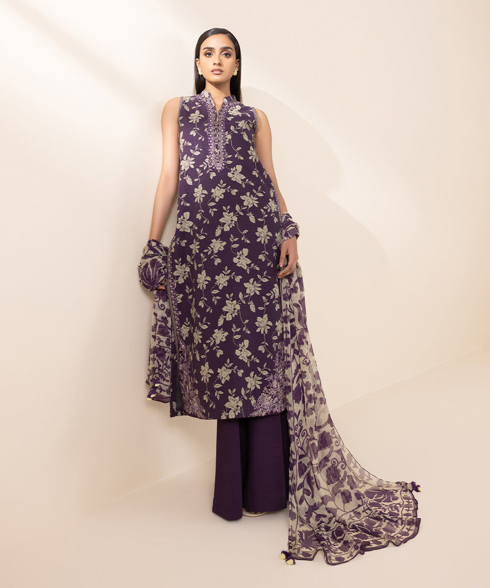 Women's Unstitched Light Khaddar Purple Embroidered 3 Piece Suit
