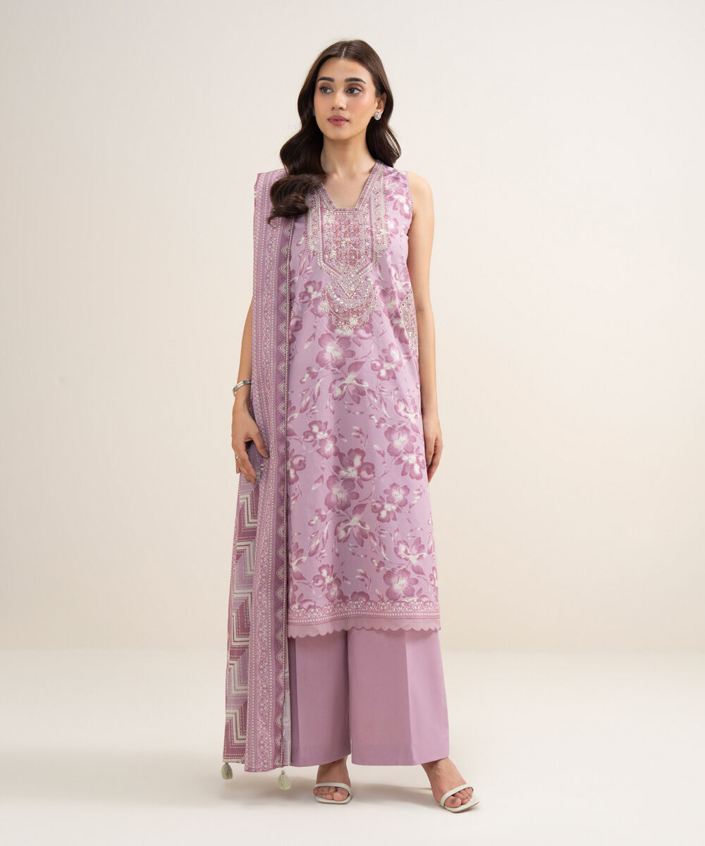 Women's Unstitched Lawn Embroidered Purple 3 Piece Suit