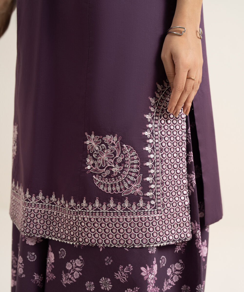 Women's Unstitched Cotton Embroidered Purple 3 Piece Suit
