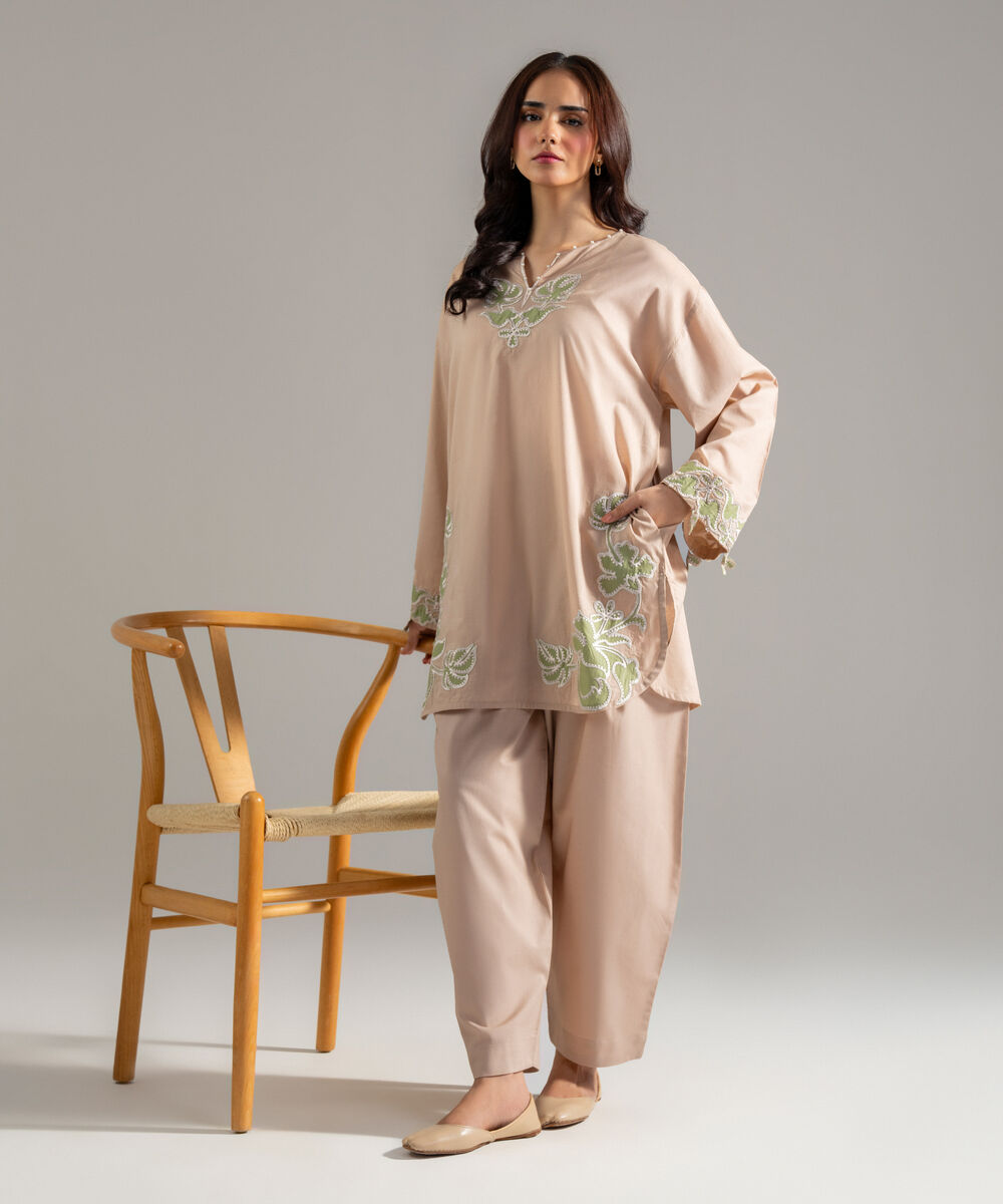 Women's RTW Lawn Solid Embroidered Beige 2 Piece Suit