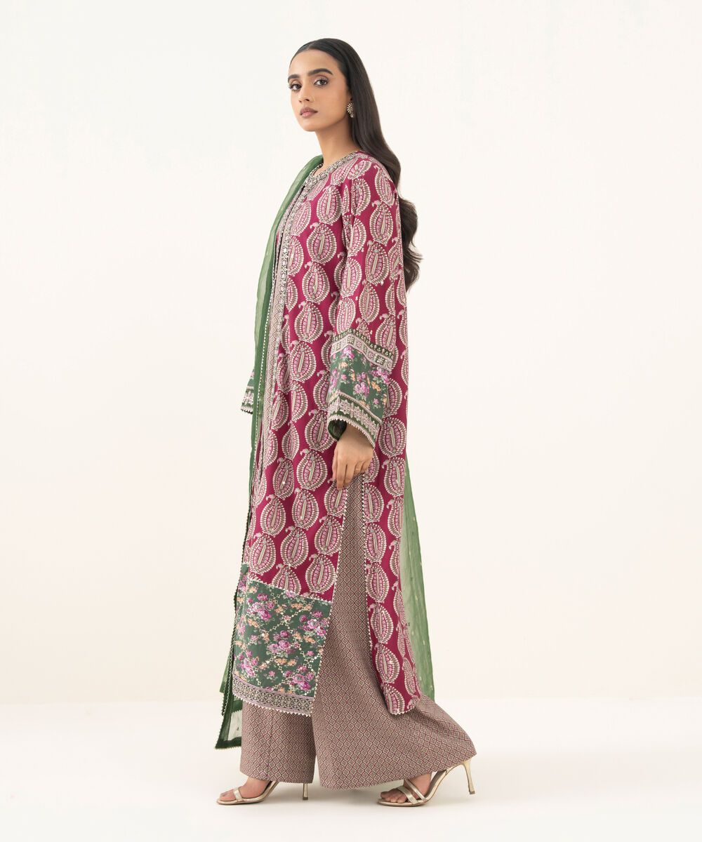 Women's RTW Textured Viscose Embroidered Pink 3 Piece Suit