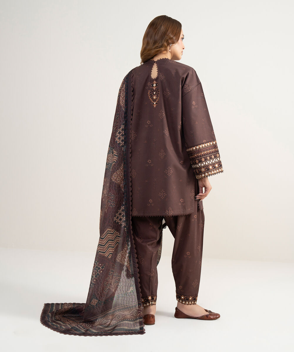 Women's Unstitched Lawn Embroidered Brown 3 Piece Suit