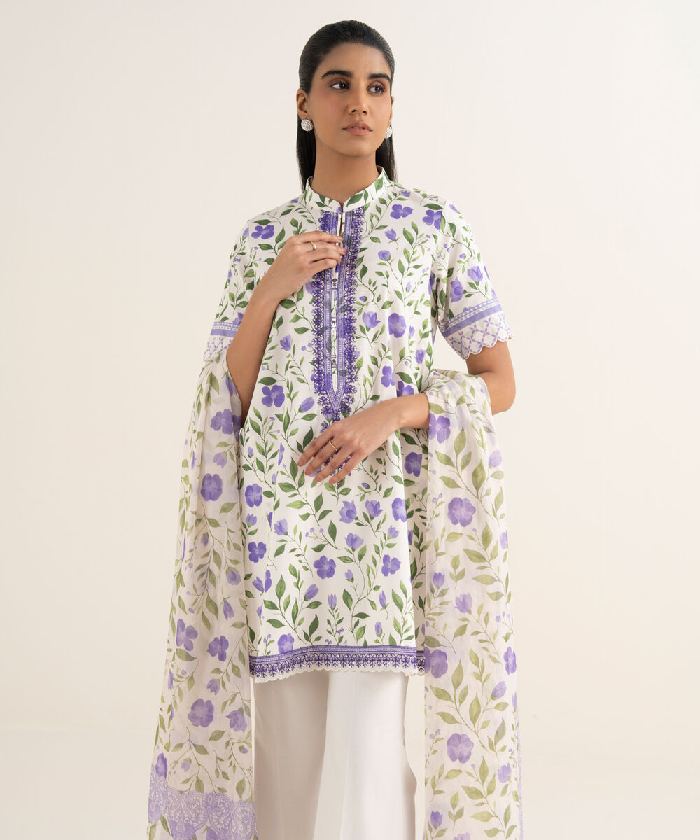 Women's Unstitched Lawn Embroidered Off White 3 Piece Suit