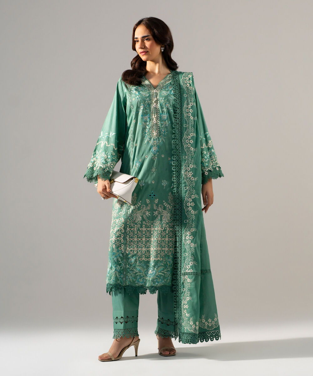 Women's RTW Self Jacquard Solid Embroidered Sand Green 3 Piece Suit