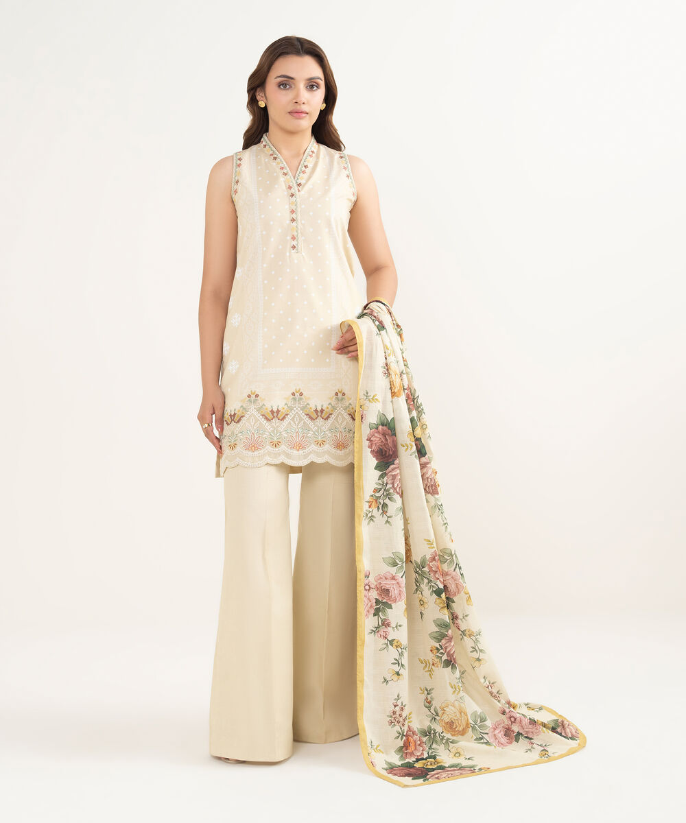 Women's Unstitched Lawn Embroidered Yellow 3 Piece Suit