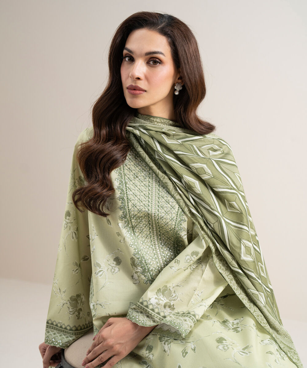 Women's Unstitched Lawn Embroidered Off White and Grey 3 Piece Suit