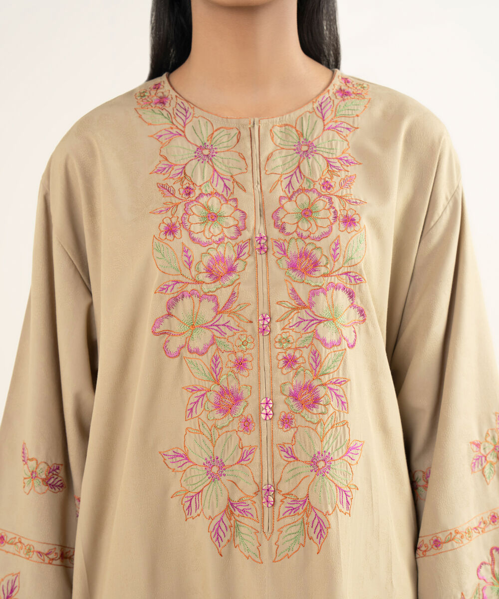 Women's RTW Self Jacquard Leno Embroidered Beige Drop Shoulder Shirt