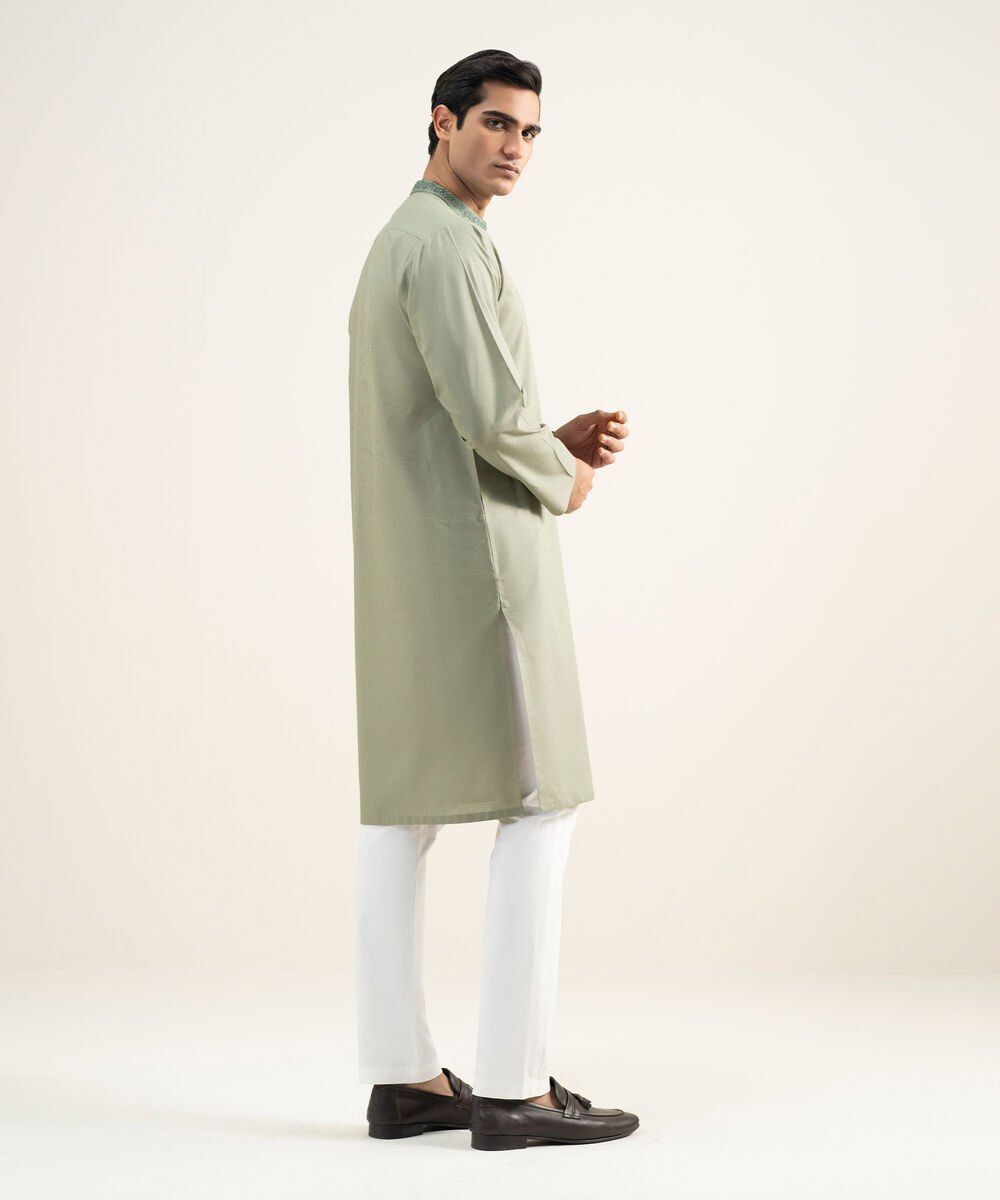 Men's Stitched Cotton Jacquard Light Olive Kurta