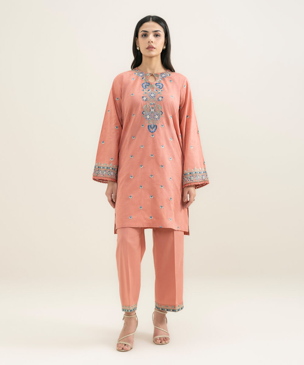 Women's RTW Self Jacquard Embroidered Pink Straight Shirt