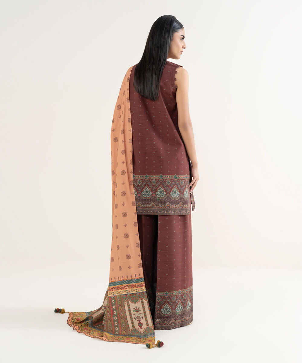 Women's Unstitched Printed Light Khaddar Maroon 3 Piece Suit