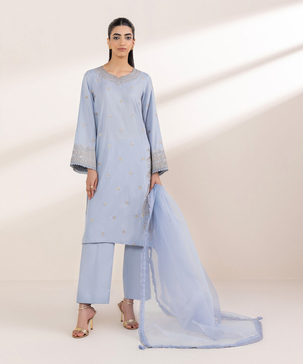 Women's RTW Dobby Blue Embroidered A-Line Shirt