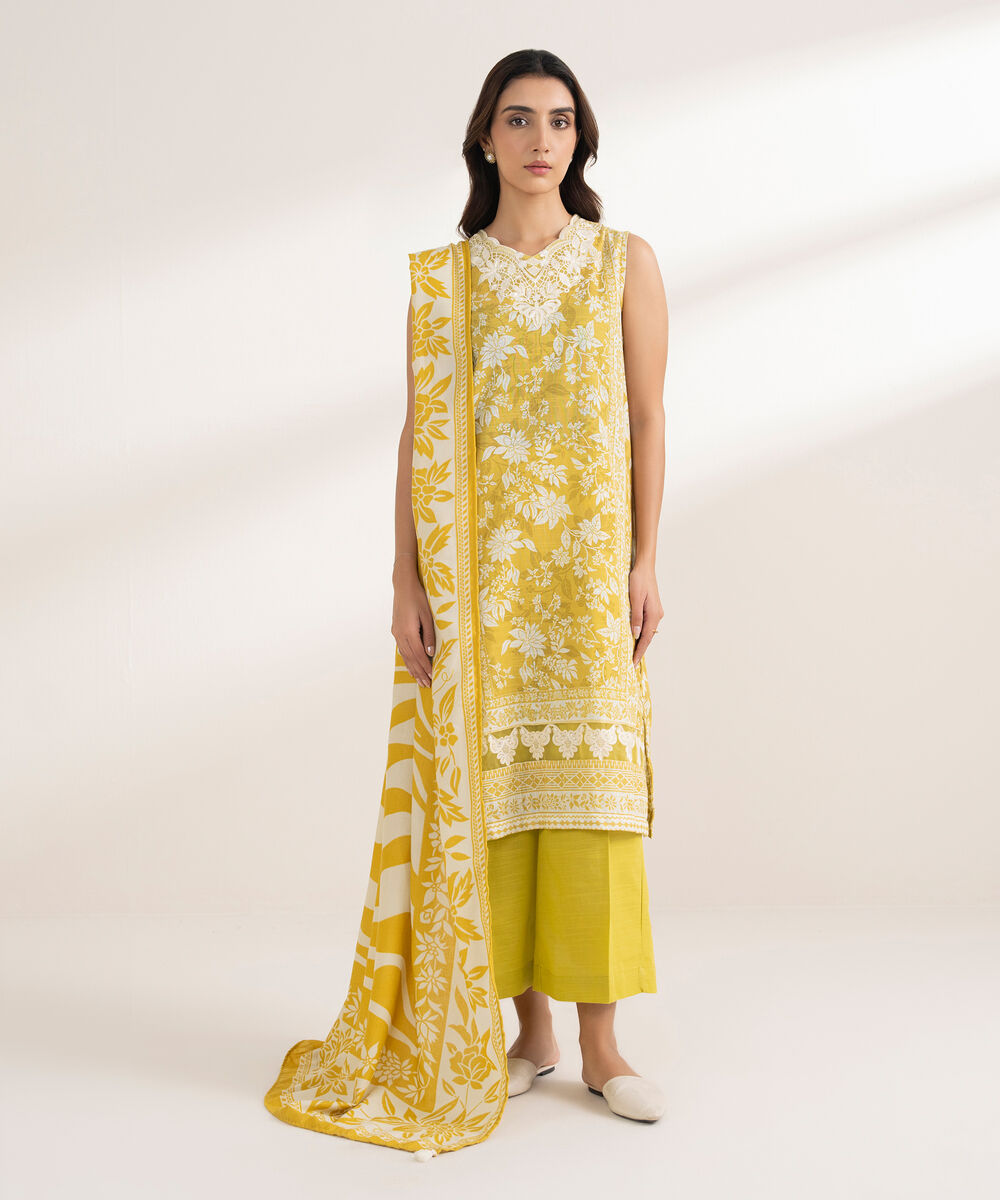 Women's RTW Light Khaddar Embroidered Yellow 3 Piece Suit