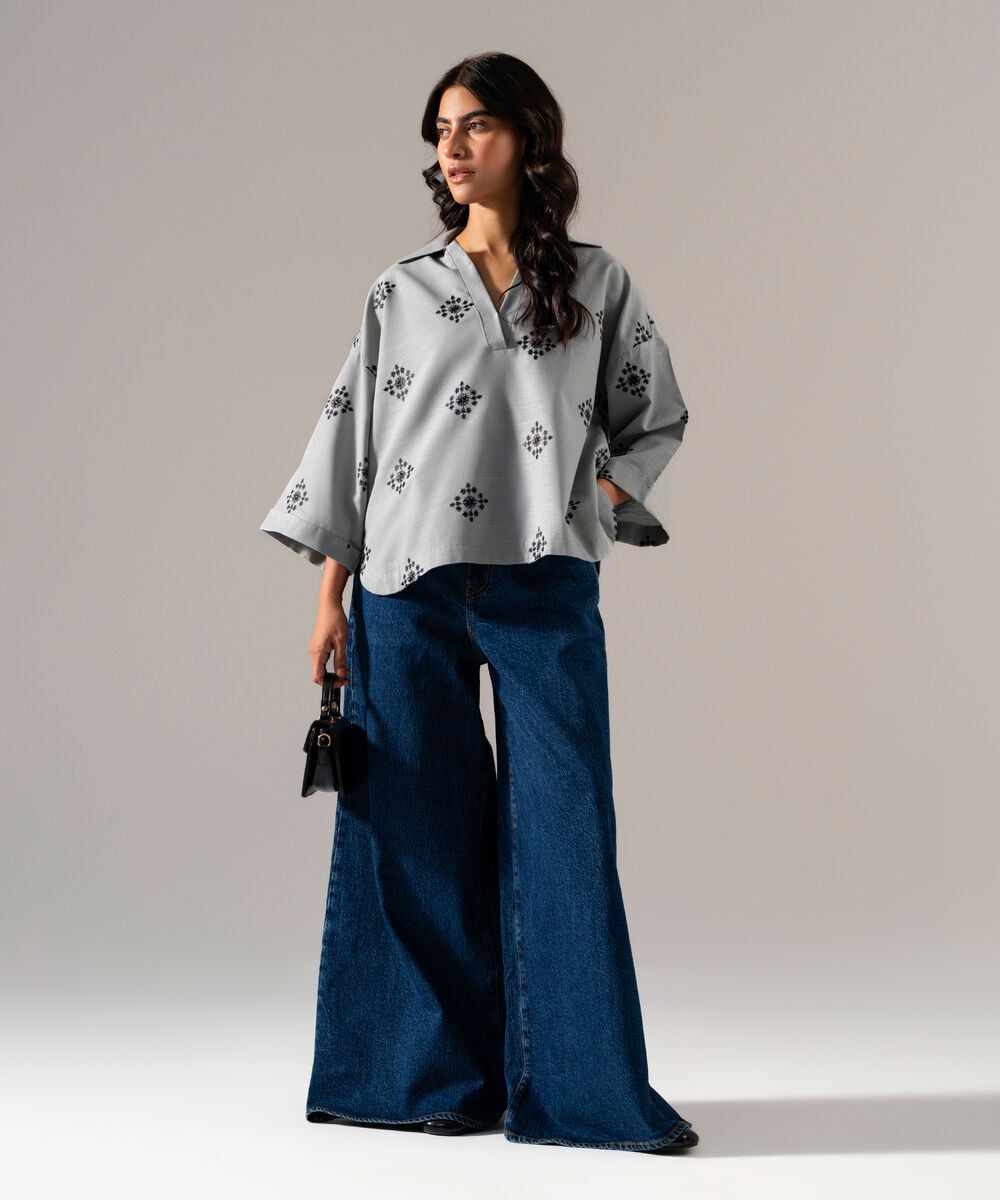 Women's RTW Solid Embroidered Steel Blue Khaddar Shirt