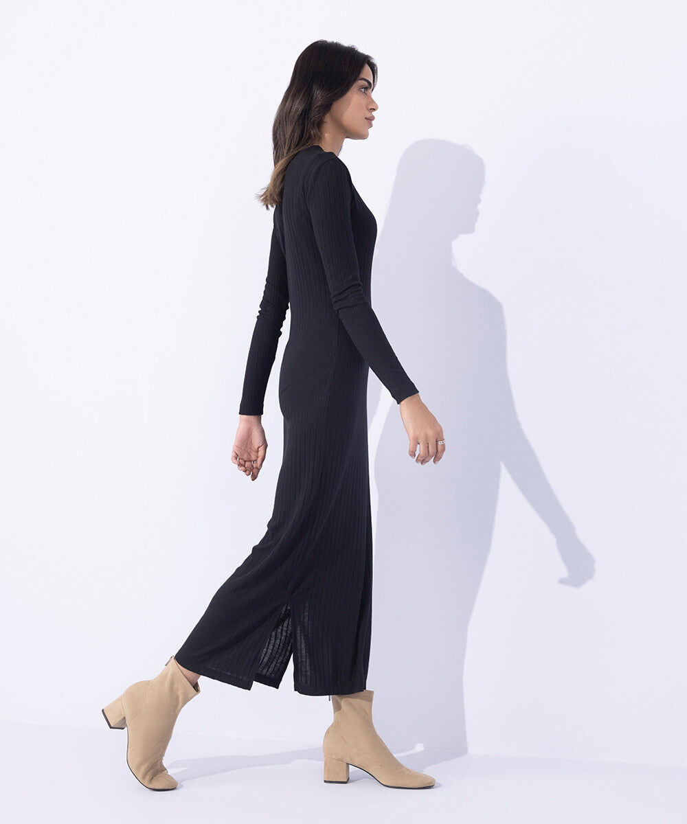 Woman - Black Jersey Ribbed Dress