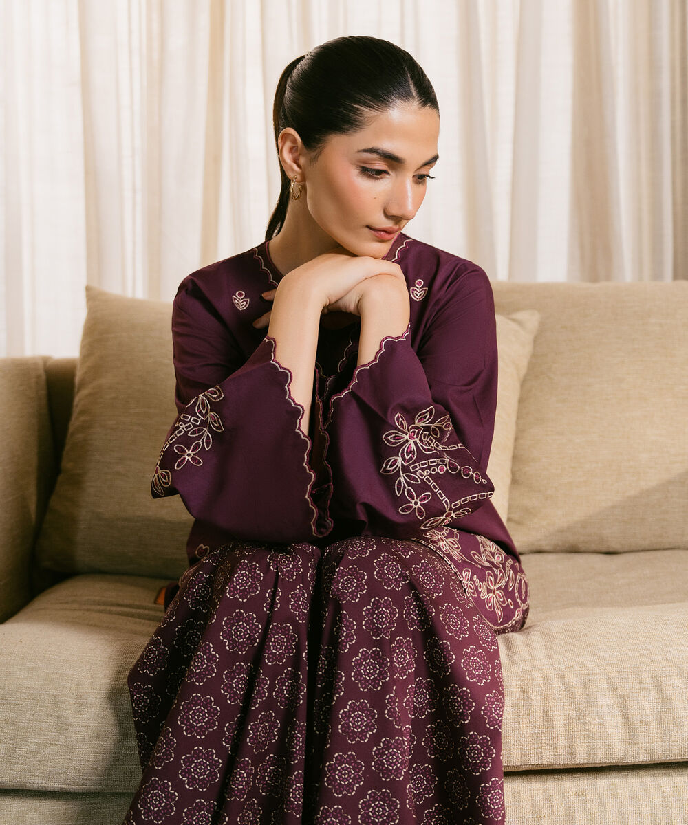 Women's Unstitched Cotton Embroidered Purple 2 Piece Suit