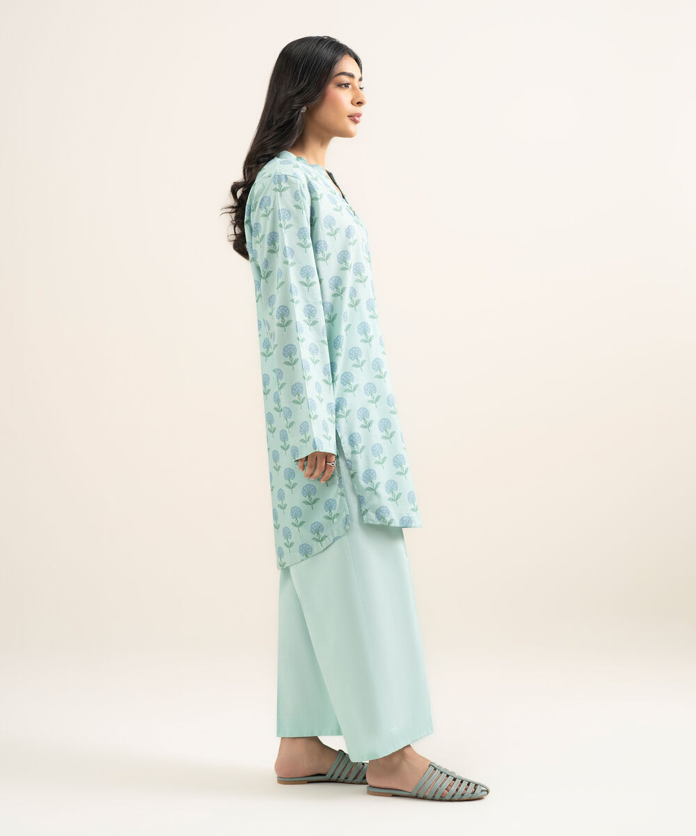 Women's RTW Cotton Viscose Printed Blue Straight Shirt