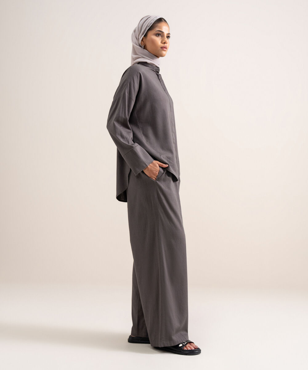 Women's Grey Loose-Fit  Pleated Pants