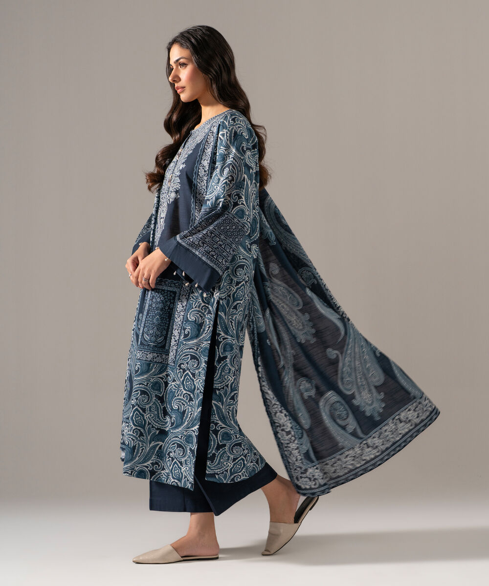 Women's RTW Khaddar Printed Blue 3 Piece Suit
