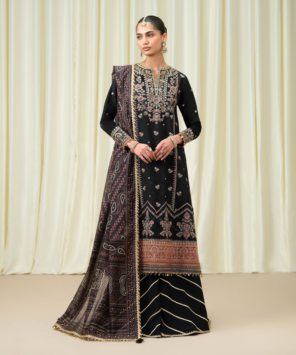 Women's Unstitched Embroidered Viscose Jacquard Black 3 Piece Suit