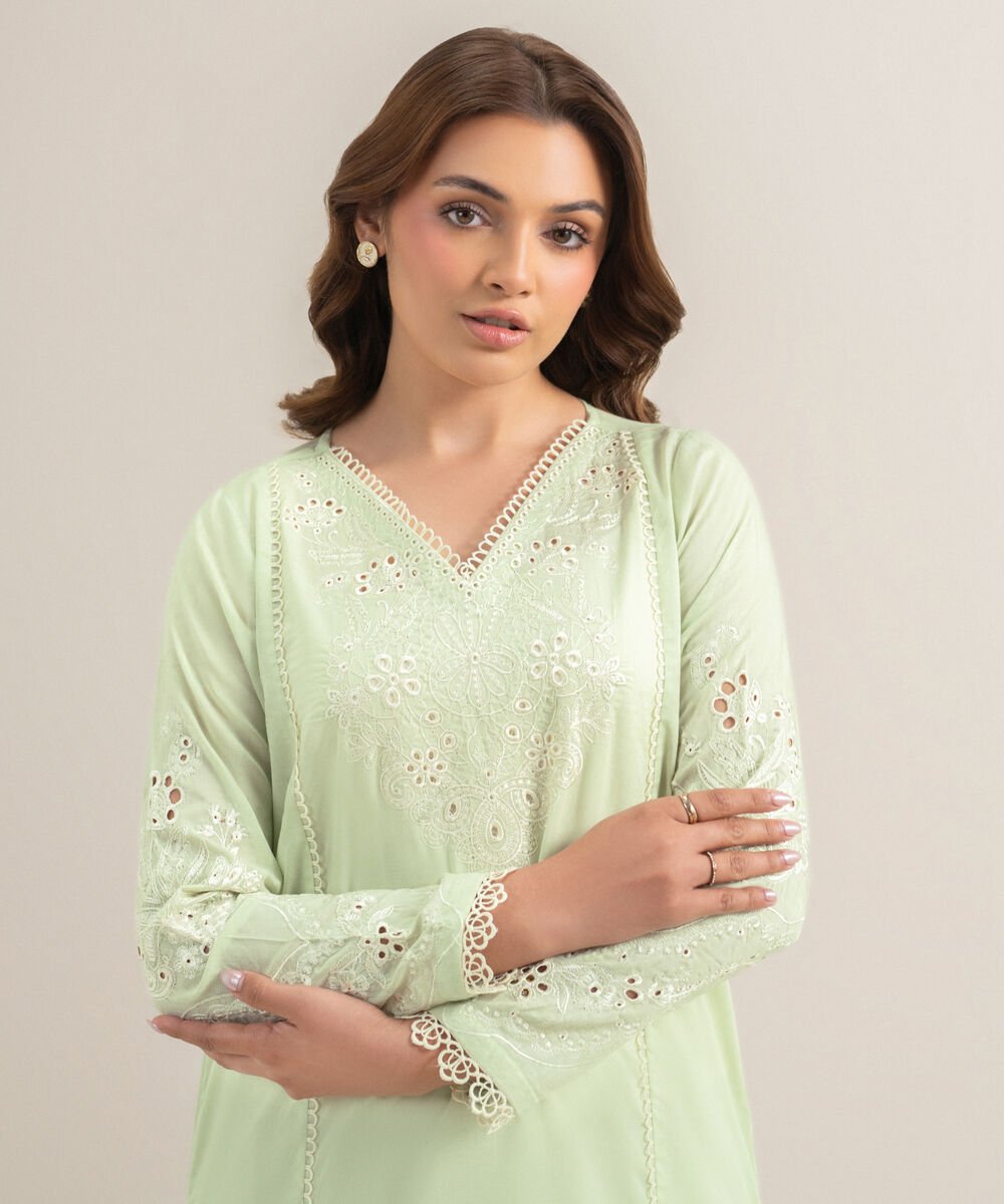 Women's RTW Self Jacquard Embroidered Green A-Line Shirt