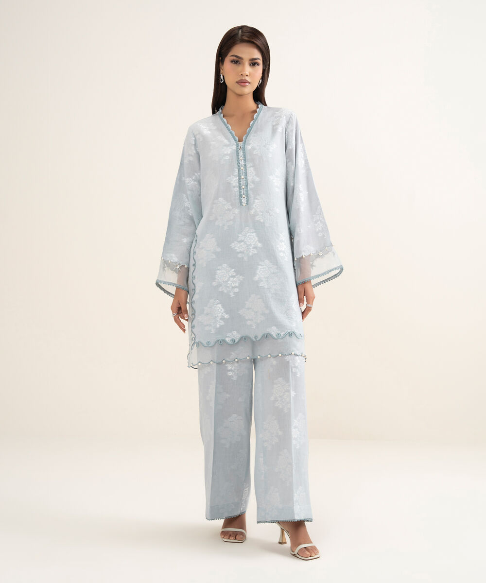 Women's RTW Zari Jacquard Embroidered Blue 2 Piece Suit