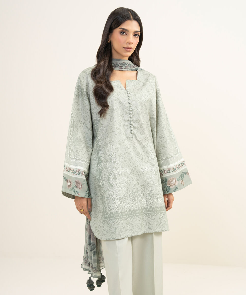 Women's Unstitched Lawn Printed Green 3 Piece Suit