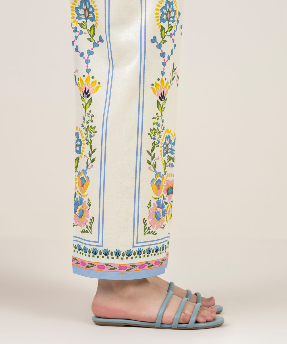 Women's RTW Cambric Printed Off White Straight Pants