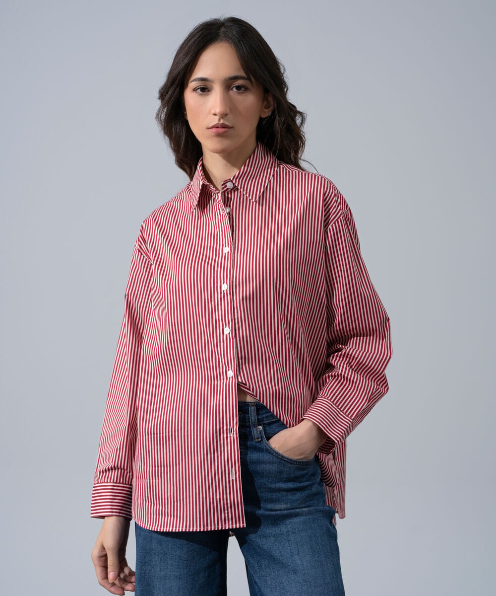 Women's Western Wear Red And White Cotton Striped Button-Up Shirt