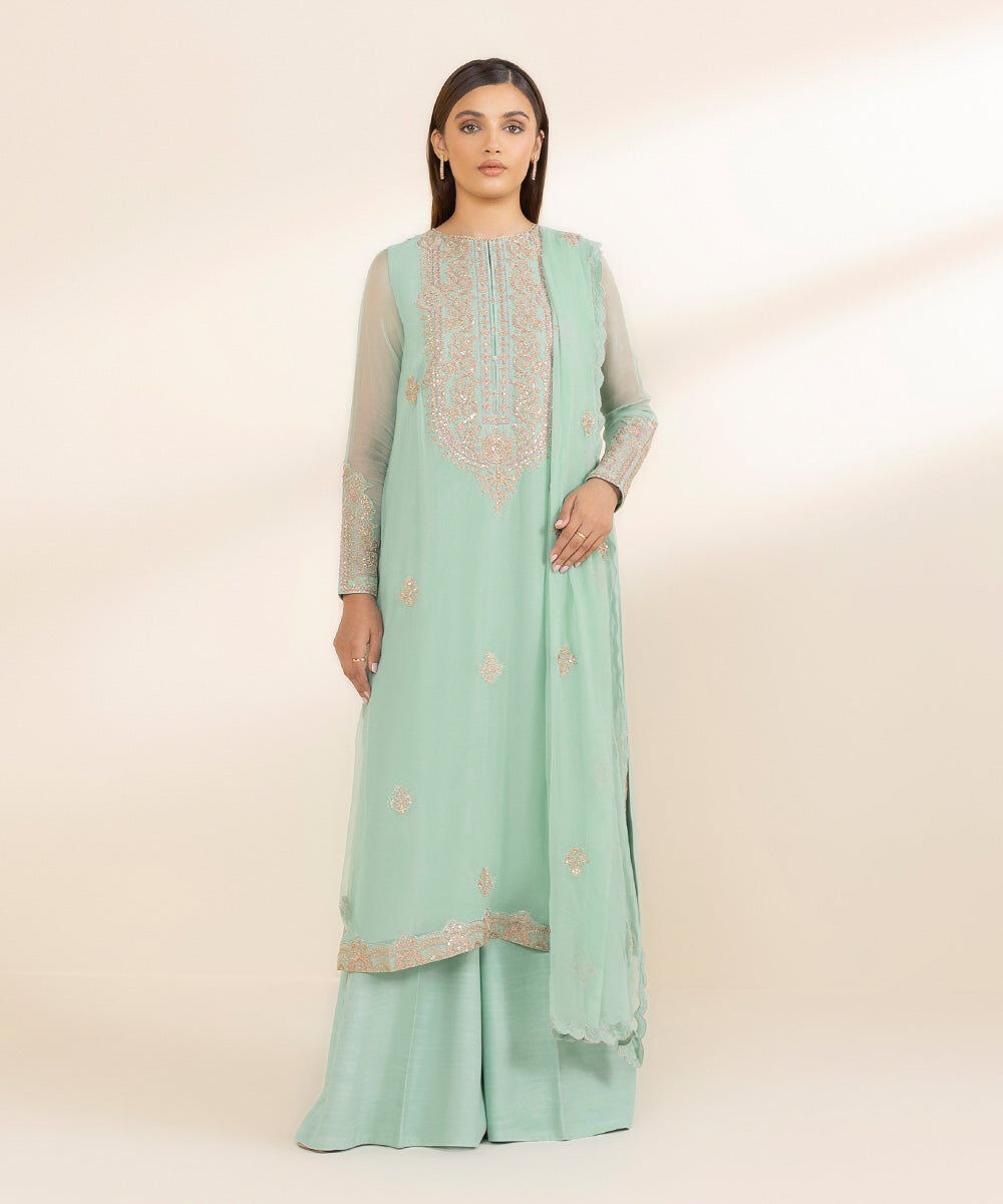 Woman - Blue 3 Piece - Embroidered Chiffon Suit