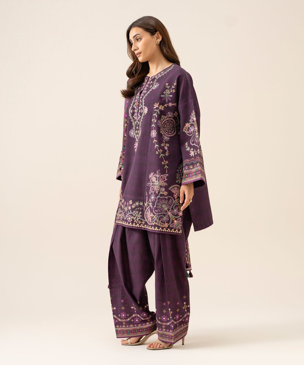 Women's Unstitched Light Khaddar Embroidered Plum 3 Piece Suit