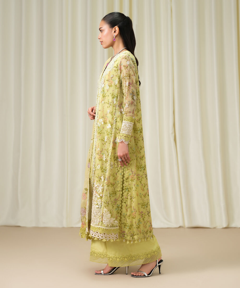 Women's Unstitched Blended Chiffon Embroidered Yellow  3 Piece Suit