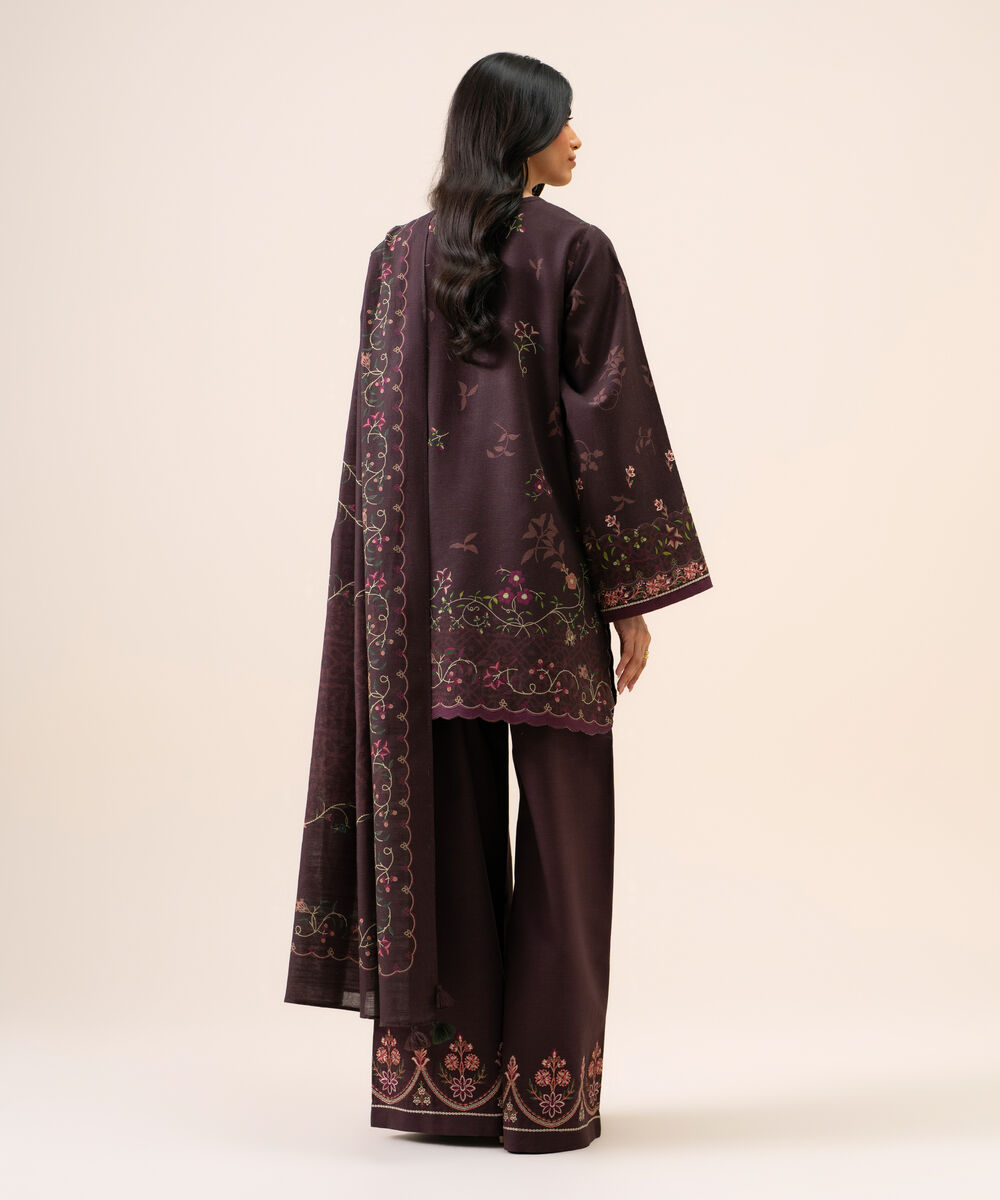 Women's Unstitched Light Khaddar Embroidered Brown 3 Piece Suit