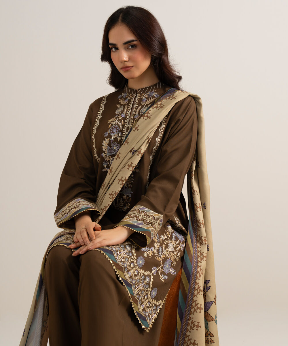 Women's Unstitched Embroidered Linen Brown 3 Piece Suit