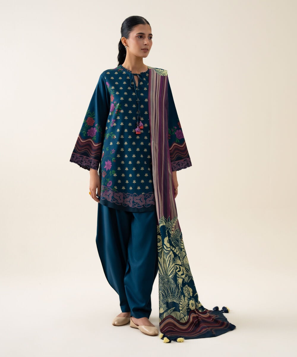 Womens Unstitched Viscose Linen Printed Dark Blue 3 Piece Suit