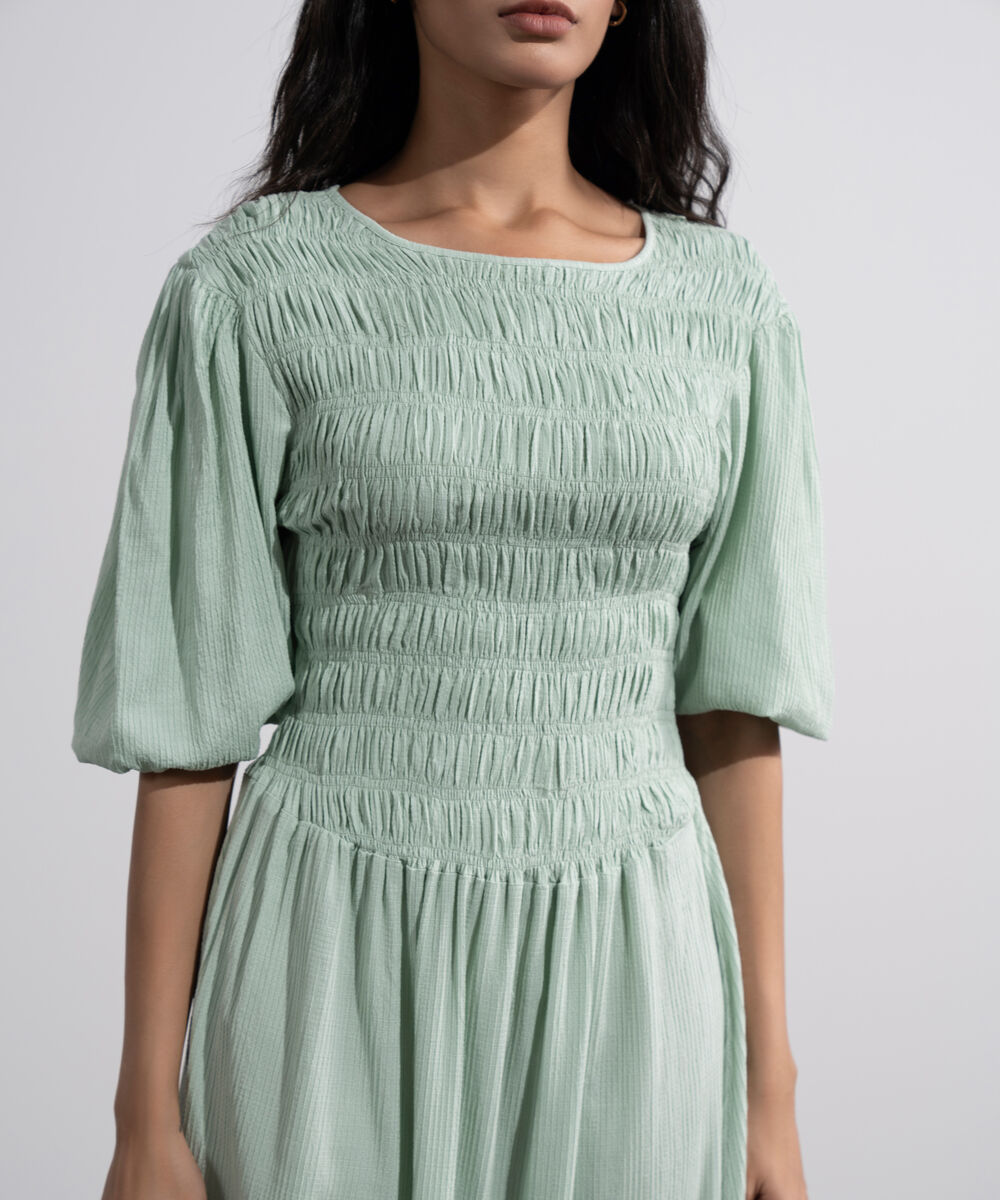 Women's Mint Green  Smocked Seersucker Dress