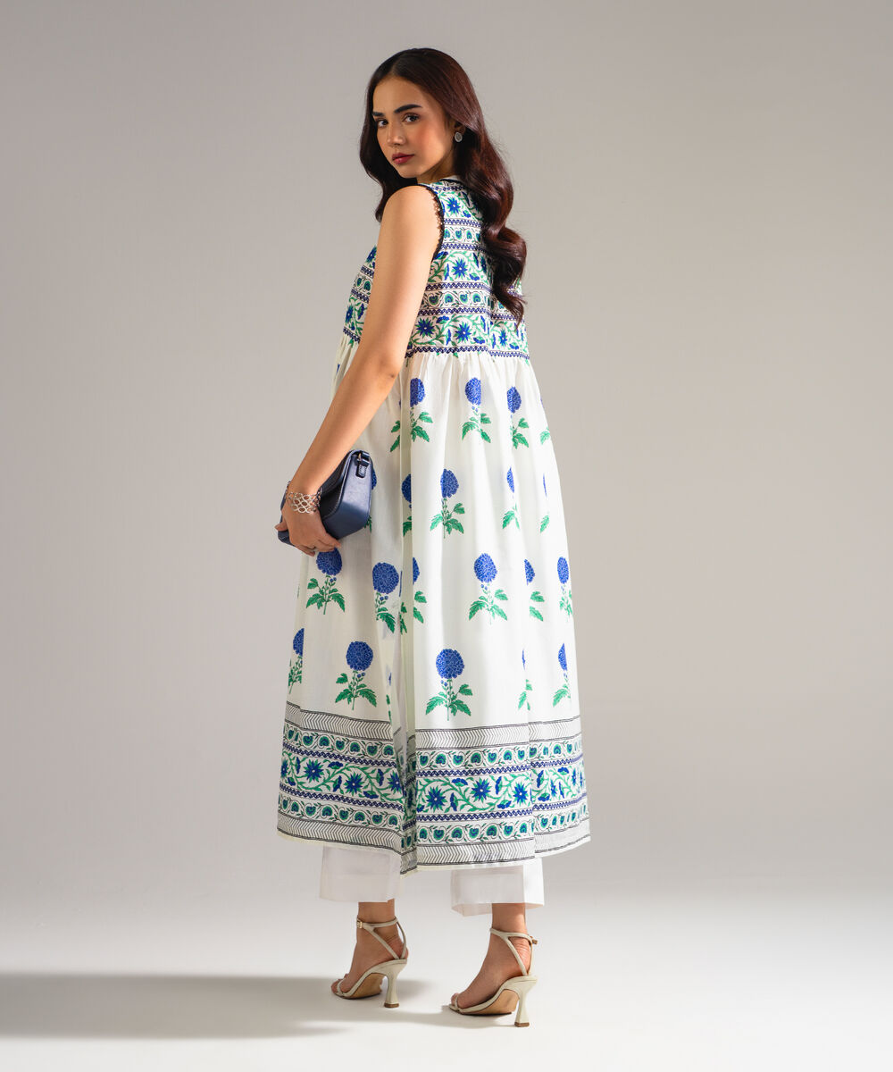 Women's RTW Slub Lawn Printed White Peshwas