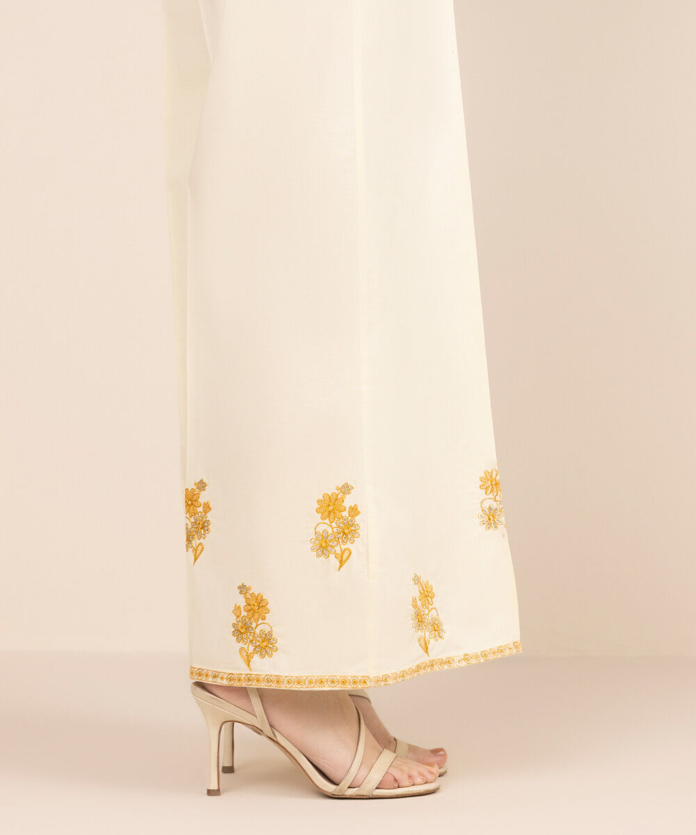 Women's RTW Cambric Yellow Embroidered Flared Pants