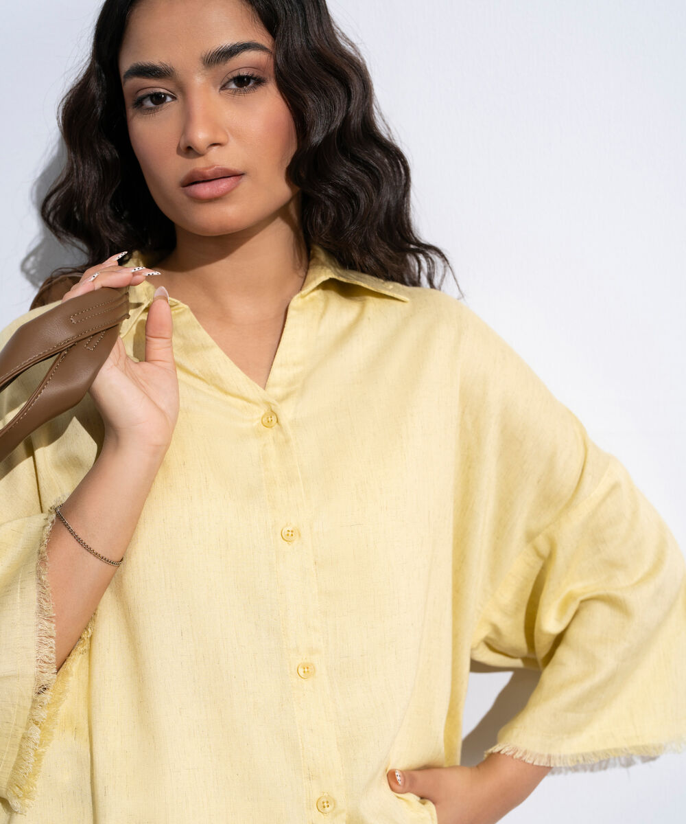 Women's Butter Yellow Linen Blend V-Neck Top
