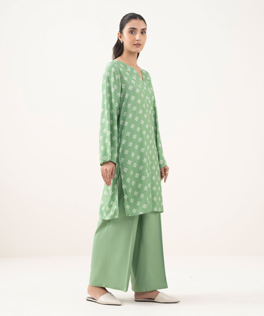 Women's RTW Linen Viscose Printed Green Straight Shirt