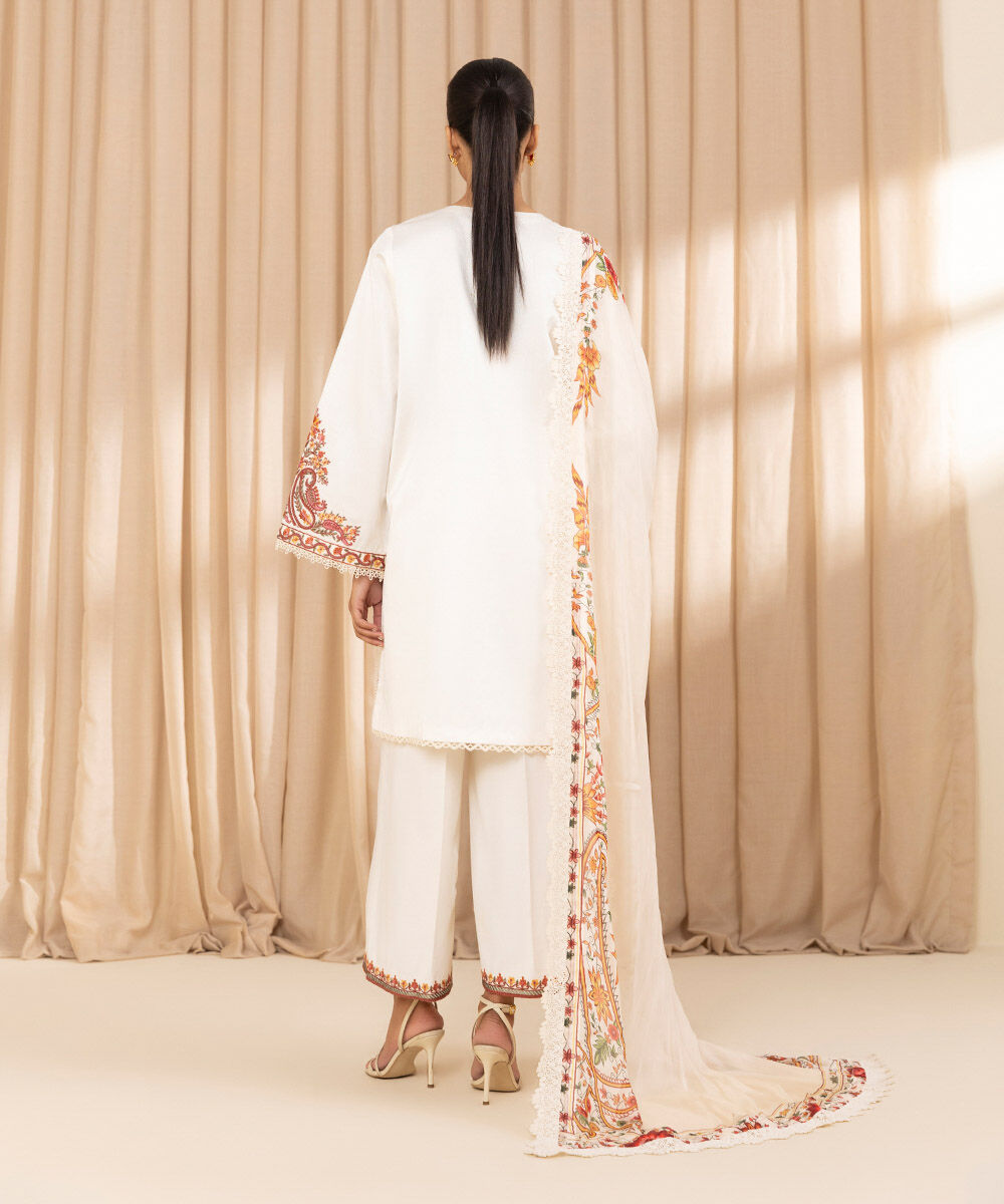 Unstitched Women's Embroidered Cotton Net Off White Three Piece Suit