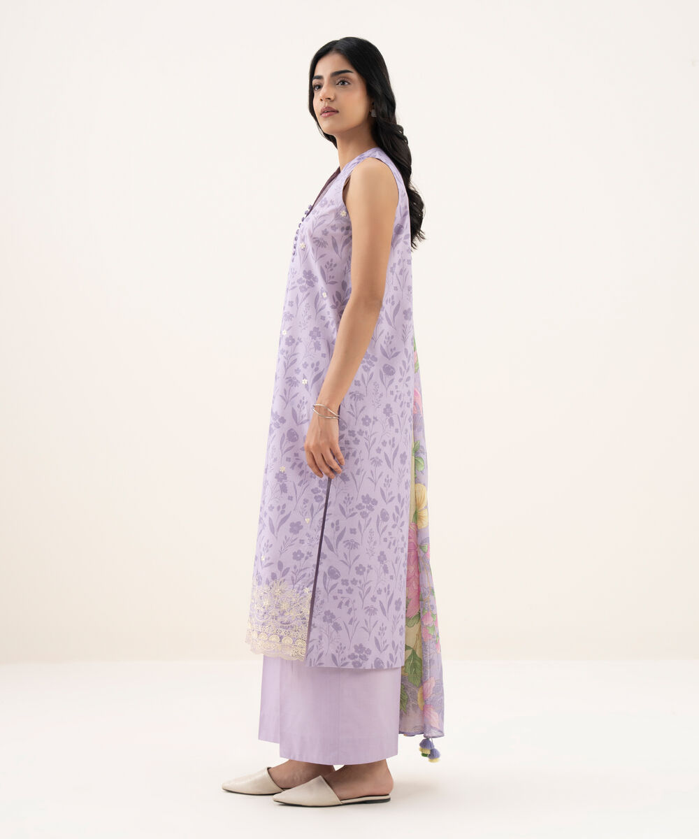 Women's Unstitched Zari Lawn Embroidered Purple 3 Piece Suit