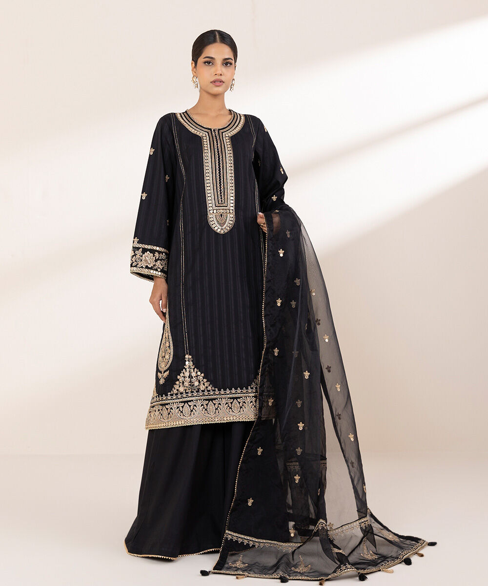 Women's RTW Dobby Black Embroidered A-Line Shirt