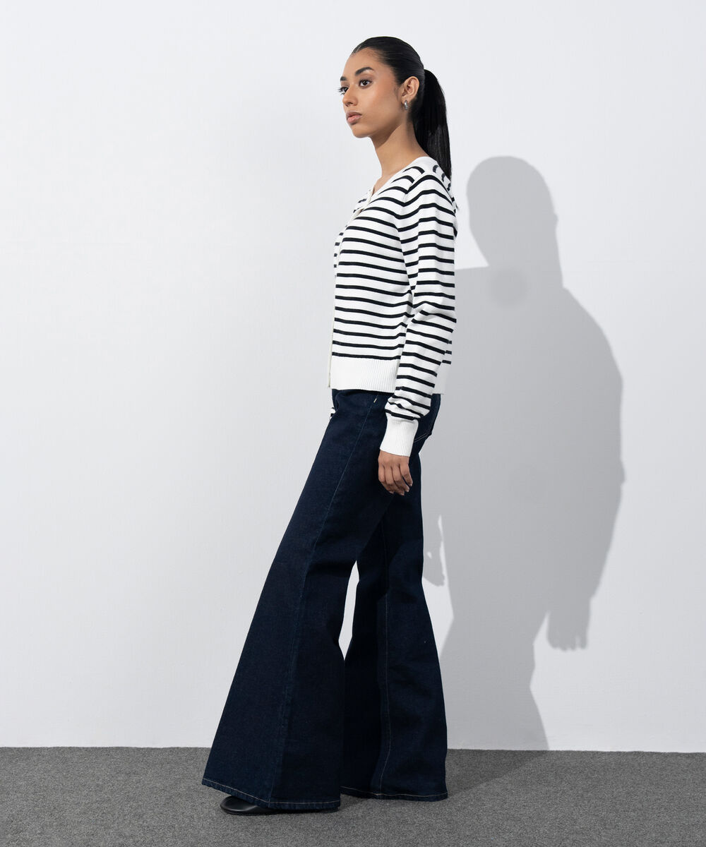 Women's Western Wear White & Black Striped Knit Cardigan