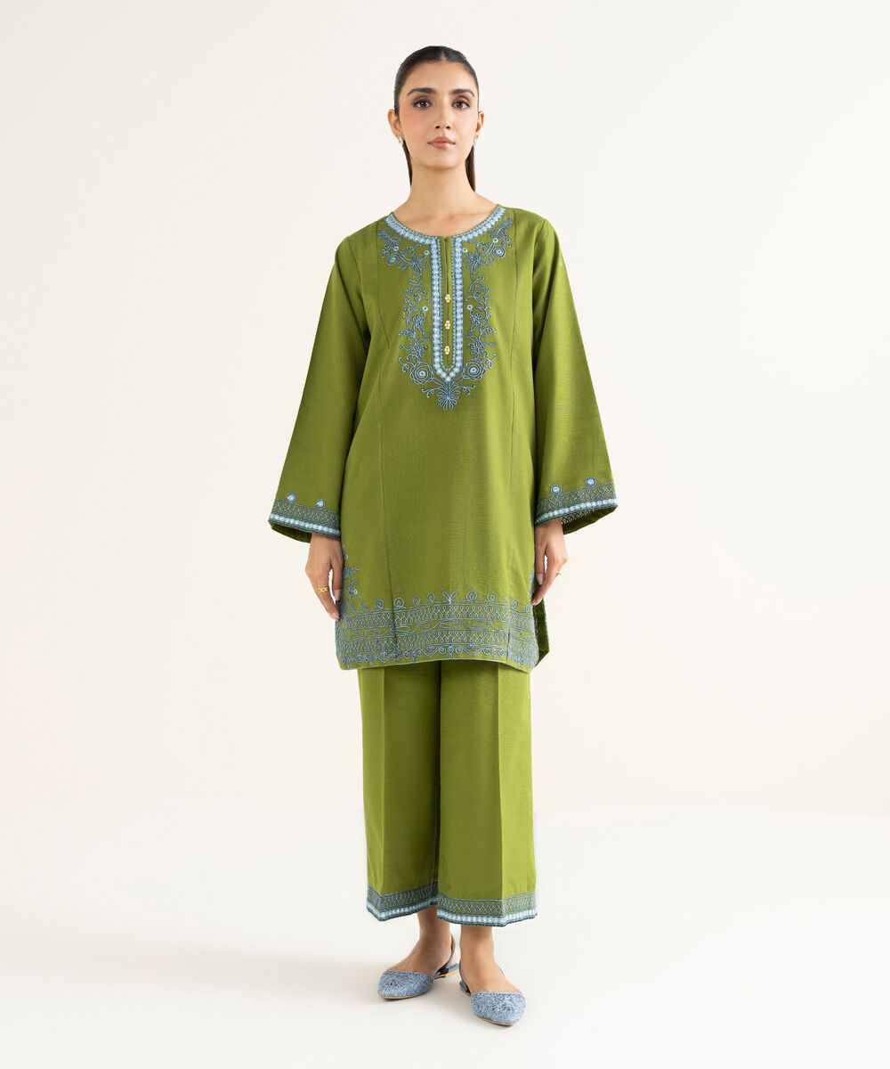 Women's RTW Khaddar Embroidered Green Straight Shirt