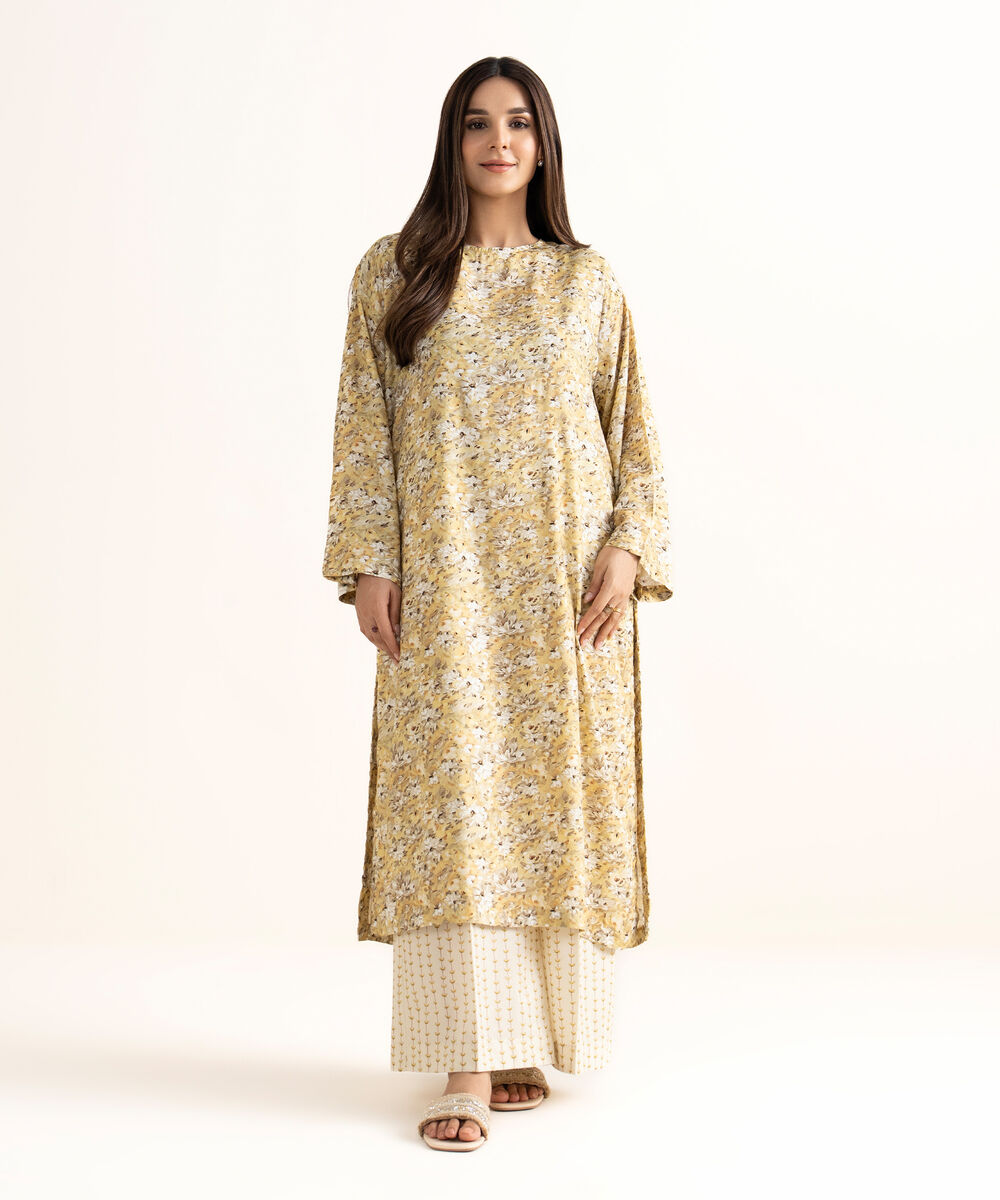 Women's RTW Arabic Lawn Yellow Printed Straight Shirt